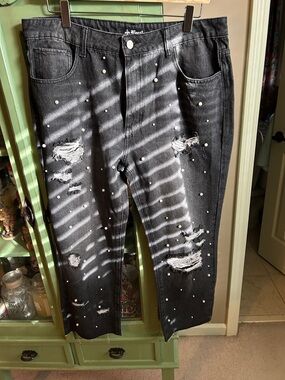Distressed Black Pearl-Stud Jeans for women